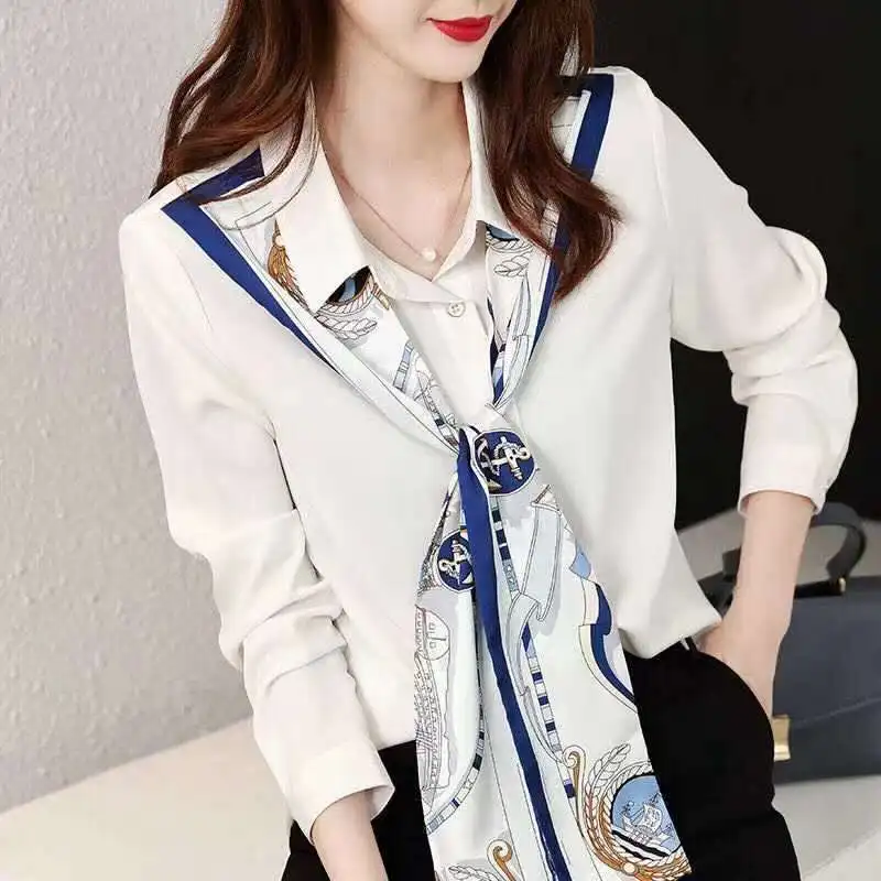 White Patchwork Printing Office Blouse Spring Autumn New Long Sleeve Solid Temperament Shirt Tops Fashion Elegant Women Clothing