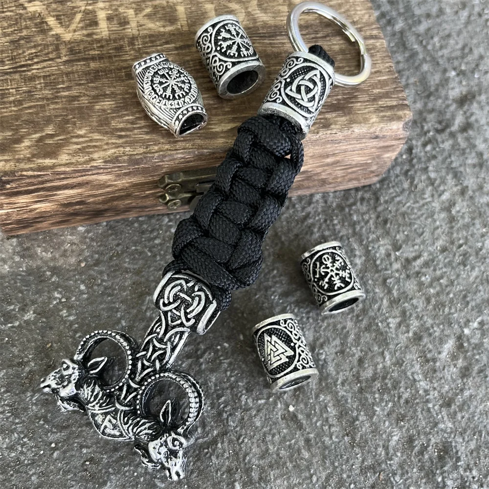 1Pcs Double Goats Odin Rune Ansuz Thor Hammer Keychain Viking Bead DIY Paracord Keyholder