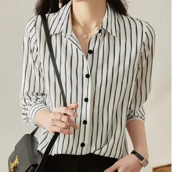 High-end Color Block Striped Blouse Women Classic Long Sleeve Office Korean Polo Collar Single-breasted Lady Chiffon Shirt Z256