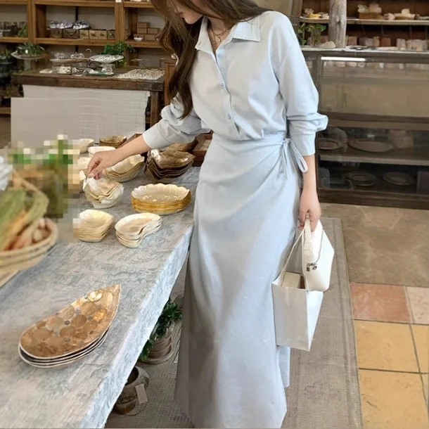 Vestido de roupa de alta qualidade para mulheres 2025 início do outono design falso camisa de duas peças vestido saia longa para mulheres