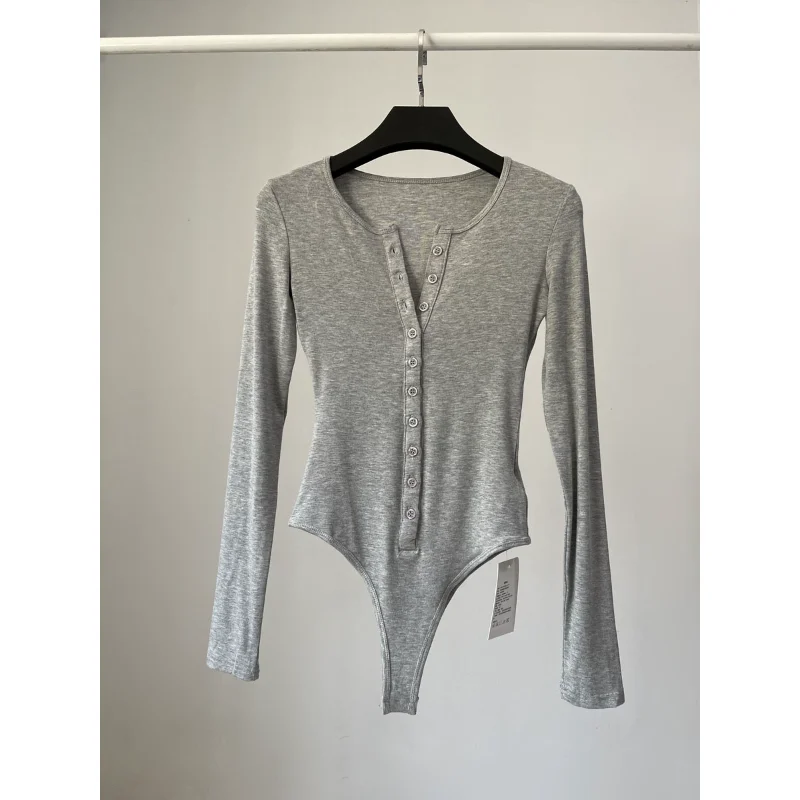 

Сексуальный пикантный однотонный цельный костюм для девочек, однотонный круглый цельный костюм на одной пуговице, женская облегающая длинная футболка-свек, топ на осень