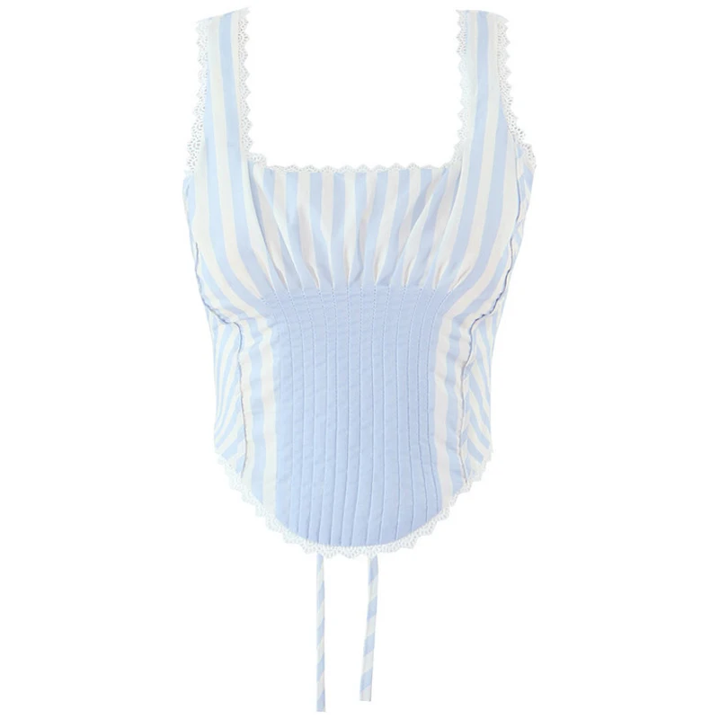 Amerykańska seksowna dziewczyna w kwadratowym dekolcie, falbankach, wiązaniu krzyżowym, dopasowanej kamizelce w paski lub modnym, uniwersalnym topie na lato.