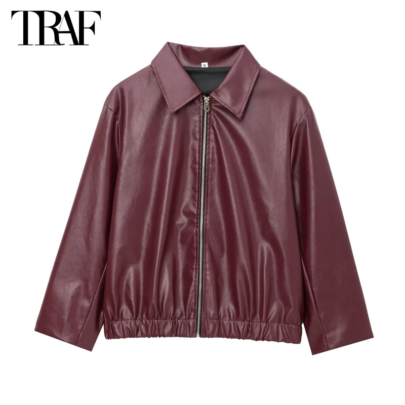 

TRAF Faux Leather Bomber Jacket Woman Ruched Winter Coat Female Long Sleeve Zipper Jackets for Women Outerwears Women's Jackets
