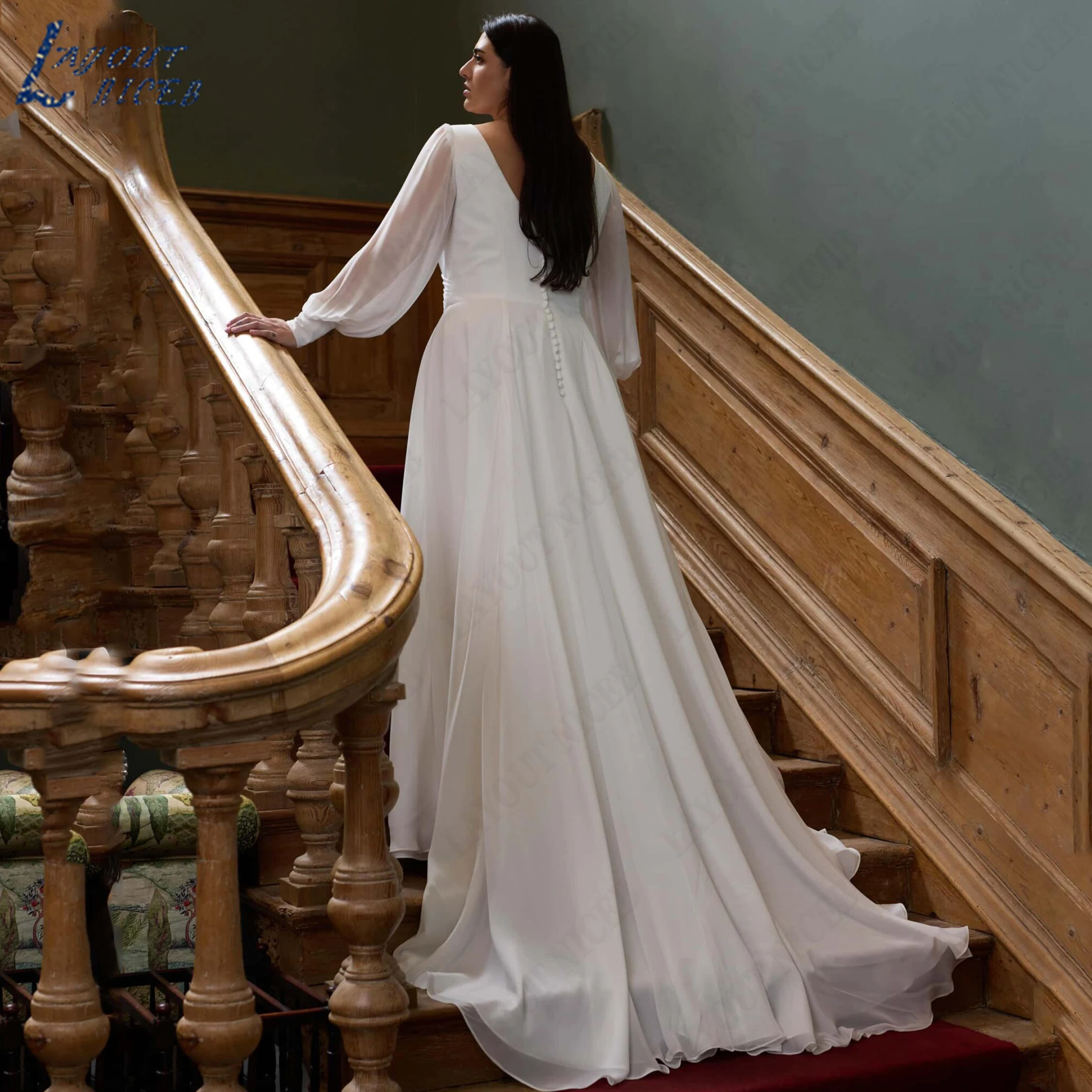 LAYOUT NICEB Long Puff Sleeve Women's Wedding Gowns V Neck Chiffon Bridal Gown Pleated Bride Dress With Side Slit Custom Made