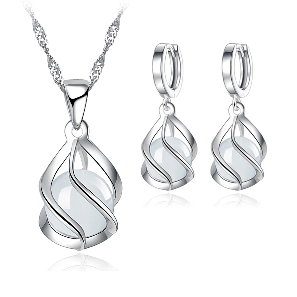 

Top Sale 925 Silver Needle Christmas Gift Fine Jewelry Sets Ball Round White Opal Jade Pendant Necklace Earrings for Ladies