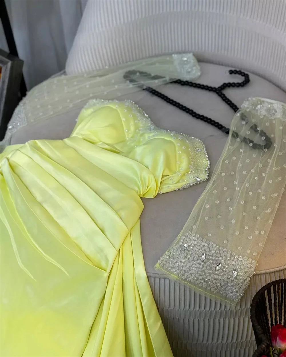 Abito da sera personalizzato Squisita jersey senza spalline Manica staccabile A-Line Lunghezza caviglia Perline Abiti increspati per occasioni speciali