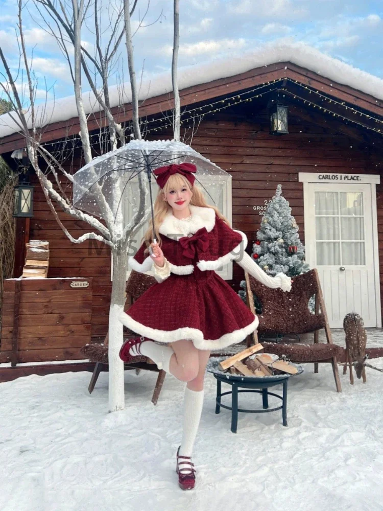 Japanese Sweet Lolita Dress Set Women Kawaii Bow Plush Shawl Short Jackets Party Mini Dress Suit Christmas New Year 3-częściowy zestaw