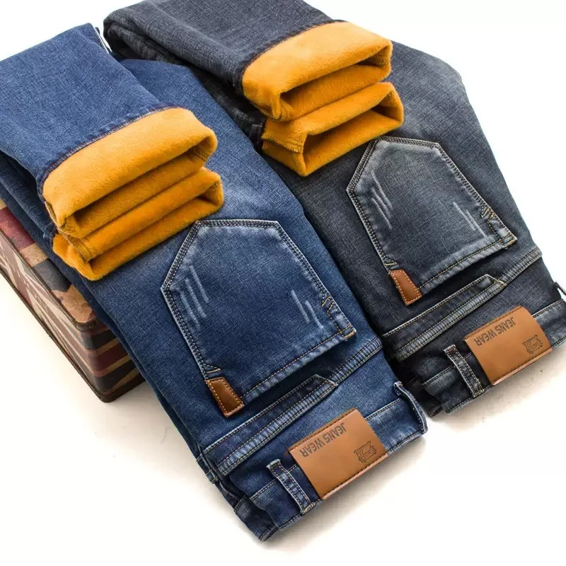 

Winter New Solid Color Fashion Trend Thick Warm Straight Leg Jeans Men's Casual Loose Sports High-Quality Plus Size Pants 28-40