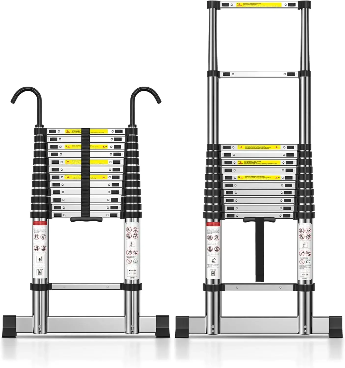 Telescoping Ladder, 12.5 FT Aluminum Extension Ladder with Stabilizer Bar, Non-Slip Feet & Detachable Hook, 330lbs Capacity, Mul