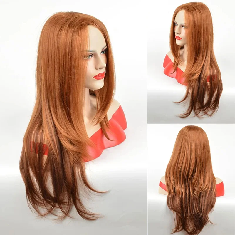 

Amir Synthetic Long Straight Wigs with Bangs Orange Brown Women's Wig Long Side Part Hair Wig for Women