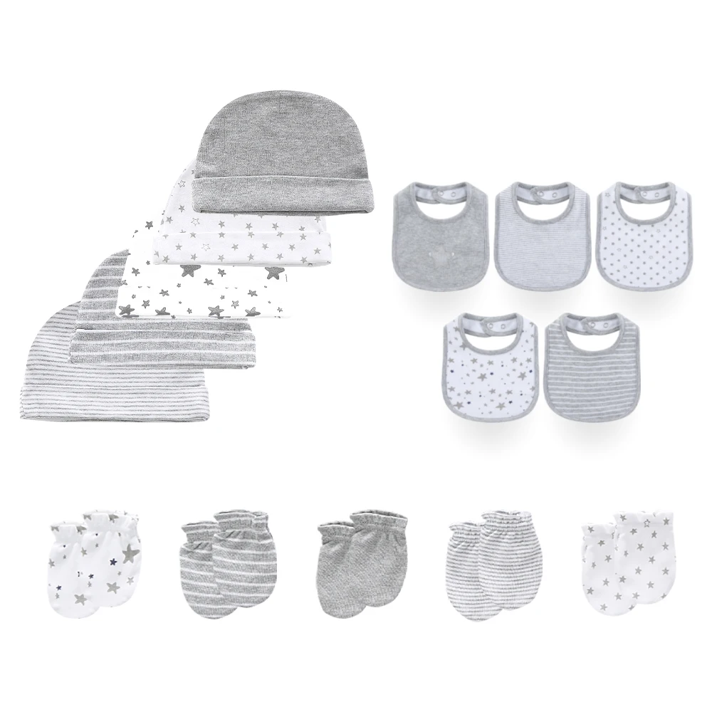 15-Pack Baby Unisex Accessories Fashion Cute Newborn Hats+Bibs+Gloves 0-12 Months Infant Clothing
