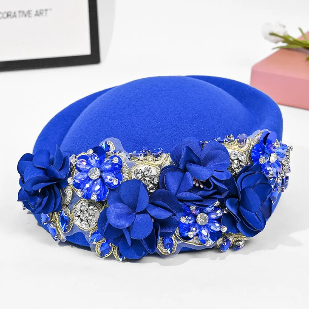 

Fashion Handmade Flowers Turban Hat Rhinestones Soft Beret Caps Breathable Non-woven Fabric Church Hat For Party Evening
