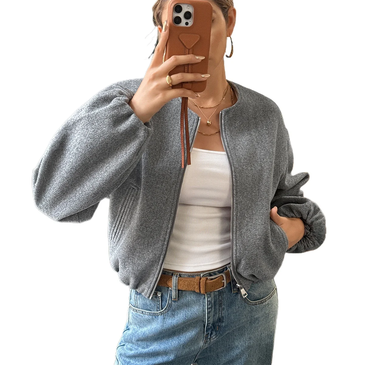 2026 Autumn Zip Up Cropped Jacket Collarless Design Oversized Puff Sleeve Elastic Bottom Hem Loose Outer Garment for Women