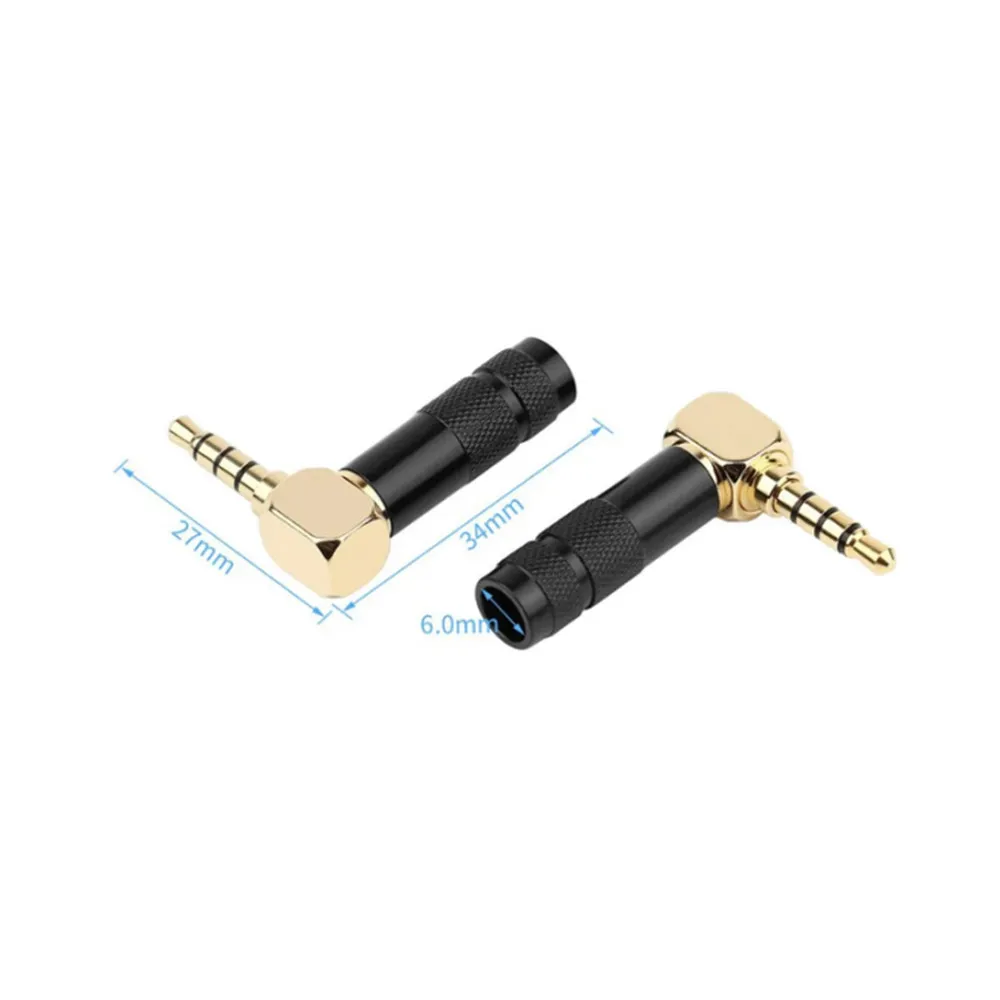 2pcs 3.5mm 90 Degree Headphone Plug Jack 4 Pole TRRS Gold Plated Copper Adapter Earphone Line Connector 6.0mm Wire Hole Audio