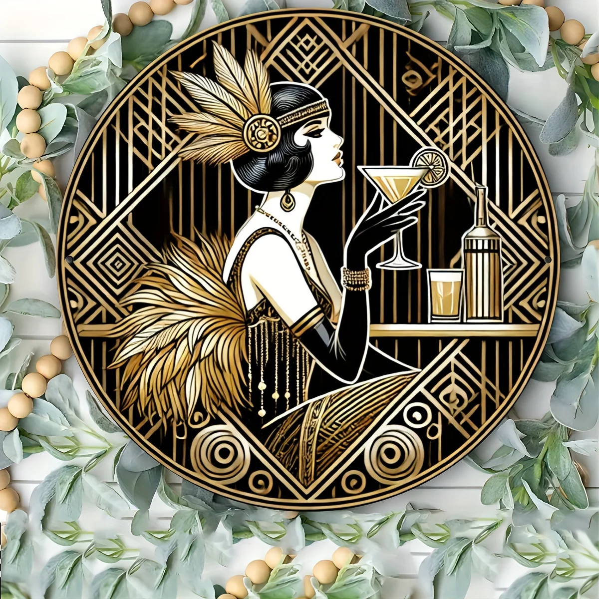 2D Flat, 1pc Vintage Art Deco Metal Wall Sign 8x8 Inch - Elegant Lady with Martini & Geometric Patterns, Durable Iron Decor for