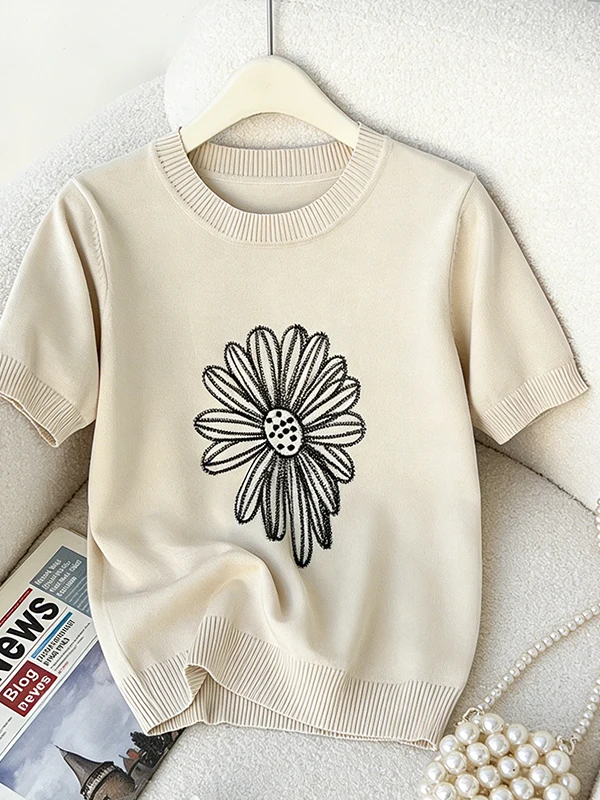

plus Size Summer New Women's Slimming Embroidered Knitted Ice Silk Top Sister Belly Covering T-Shirt Korean Style Loose Fit