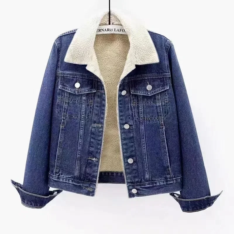 Veste courte à boutonnage simple pour femme, manteau en jean, revers, manches longues, velours chaud, denim, printemps, automne, hiver, nouveau, 2021