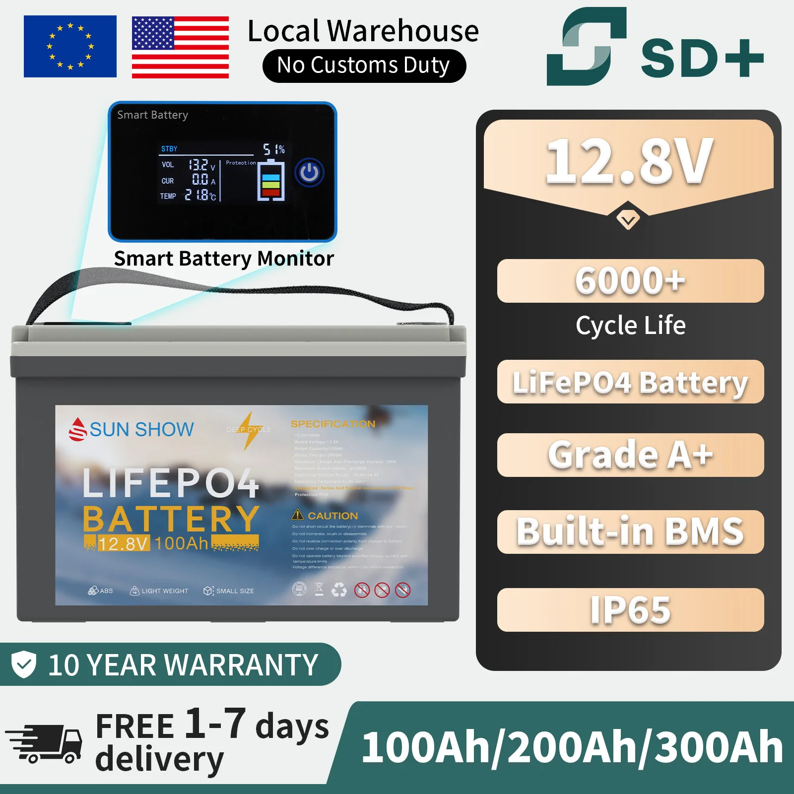 Batterie au lithium LiFePO4 SANDISOLAR 12,8 V, 100 Ah, avec BMS intégré, Bluetooth, IP65, 6 000 cycles, pour camping-cars, caravanes, bateaux, moteurs électriques, stockage d'énergie solaire hors réseau pour la maison