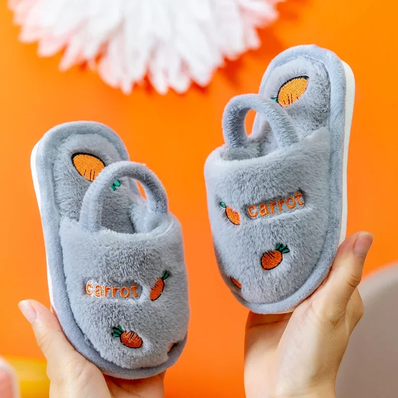 Children Cotton Slippers Solid Warm Kids Winter Home Shoes Boys Girls Plush Floor Shoes Indoor Soft Sole Anti-slip Cotton Shoes