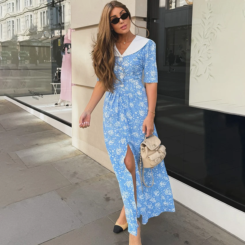 

Linad Summer Vintage Print Long Dress Street Chic High Waist Split Dress Sexy Short Sleeve Single-Breasted Shirt Dresses 2025