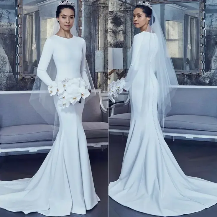 Flavinke Elegant O-Neck Long Sleeve Button Satin Wedding Dresses 2024 Pleated White Sweep Train Mermaid Bridal Gowns for Women