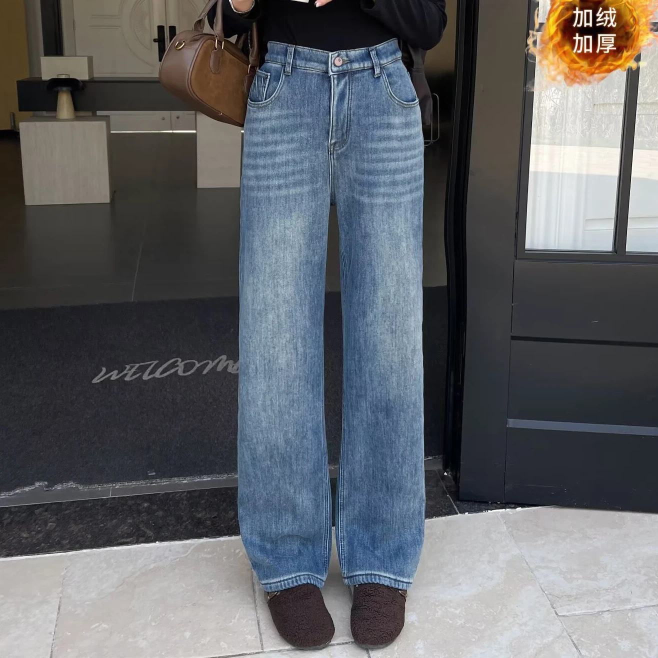 

XXXXL Fashion Plus Size Woman Clothing Straight Leg Jeans New Denim With Fleece Warm Thickening In Winter 2025 Long Pants 8952