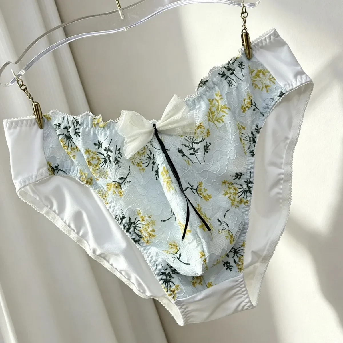 Man Male Bowtie Floral Embroid Lace Panty Briefs LGBQT Group Live Show Harajuku BF Gifts