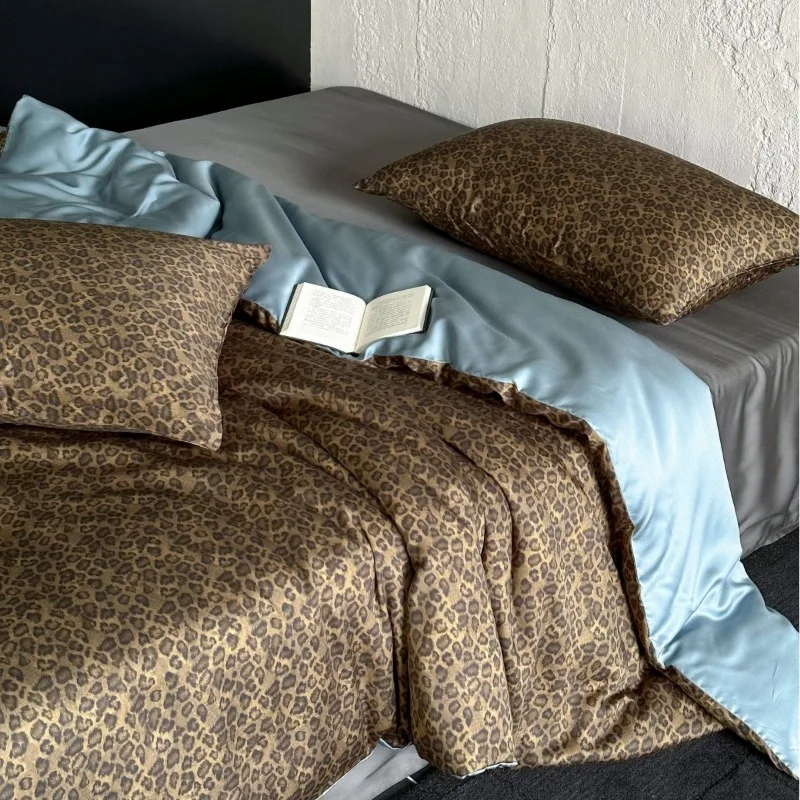Leopard Print Retro Lenzing Tencel Four-piece Digital Printing Luxury Silky Smooth Sleeping Quilt Cover Bed Sheet Bedding Set