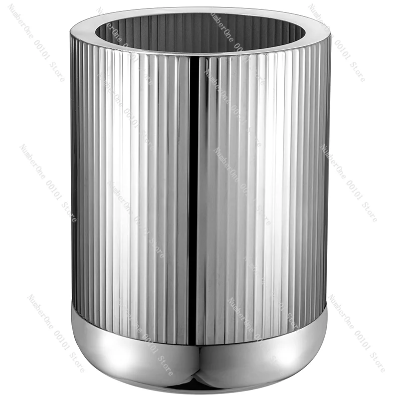 Stainless Steel Leather Household Trash Can Living Room Office Model Room Hotel Ornaments Cylinder Good-looking Light Luxury