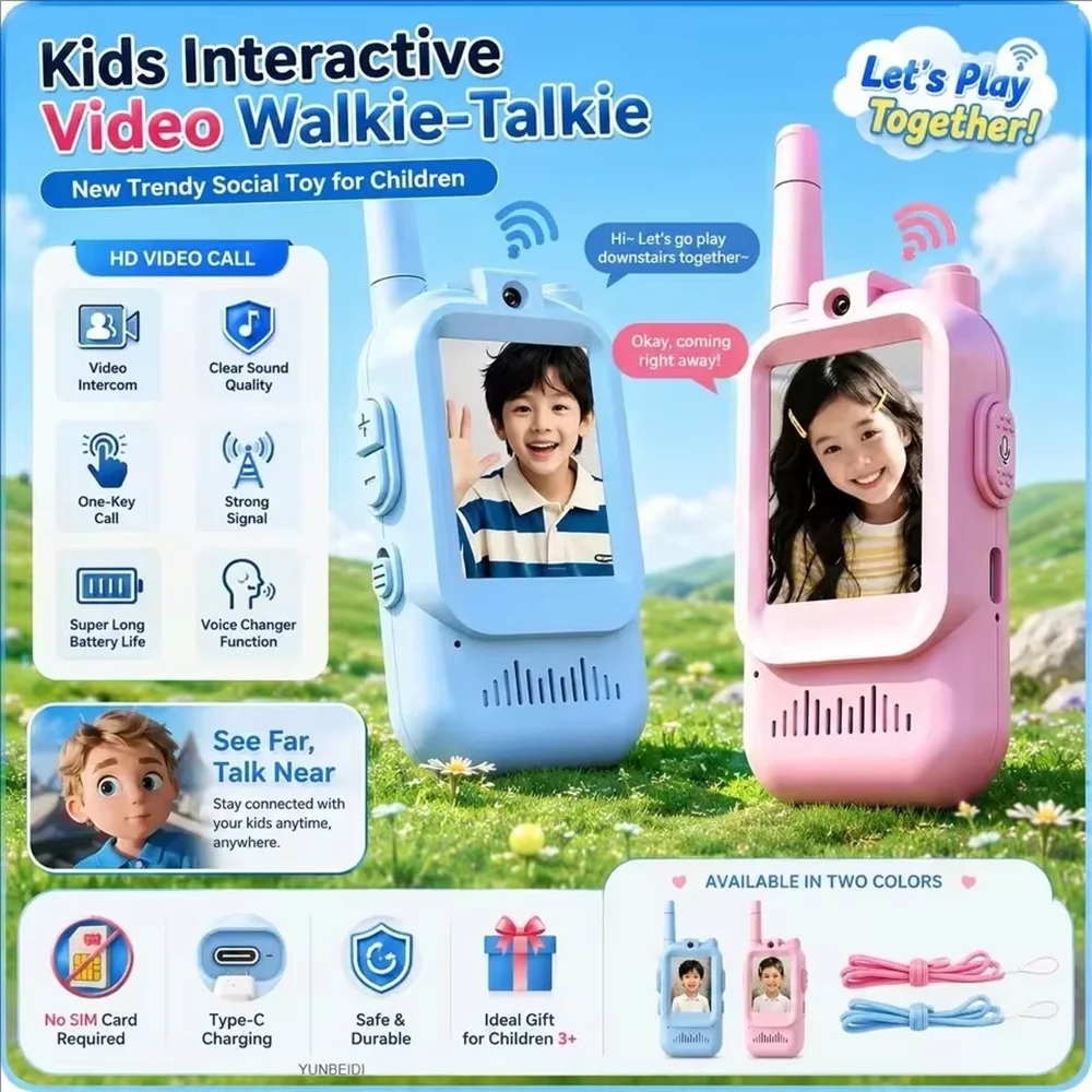 Video Walkie Talkies for Kids 2 Pack Rechargeable Intercom Walkie-talkie Cute 2 Inch Screen One-Click Call Child Video Intercom
