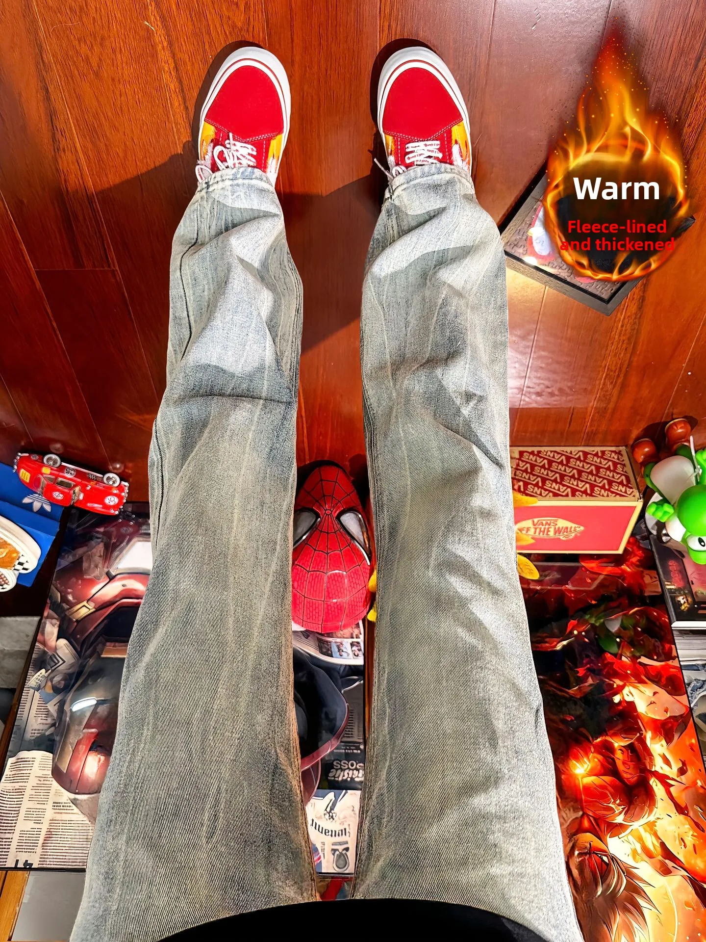 

Мужские джинсы в американском ретро-стиле с узором молнии, с высокой талией, на флисовой подкладке, прямого кроя, для осени и зимы