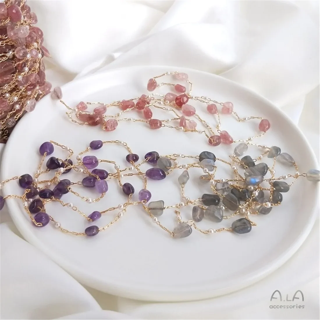 14K Gold Pack Korean Handmade Chain Strawberry Crystal Elongated Amethyst Rectangular Chain DIY Bracelet Jewelry Accessories