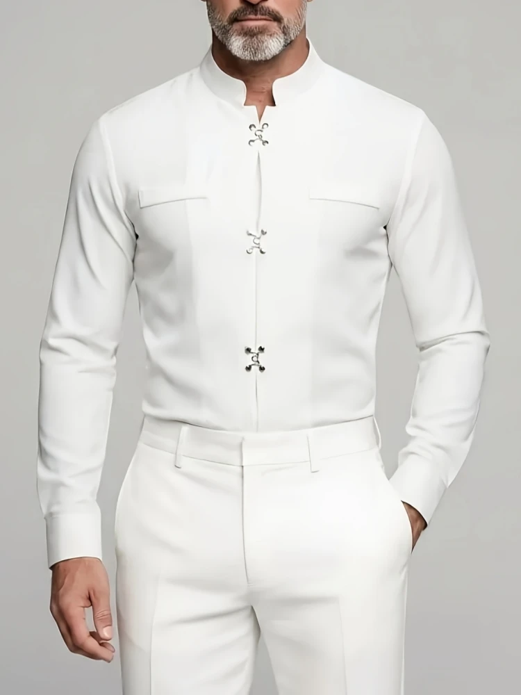 Luxury Men Mandarin Stand Collar Shirt Long Sleeve Metal Hook‑Button Decor Slim Fit Formal Shirts Wedding Party Business Tops