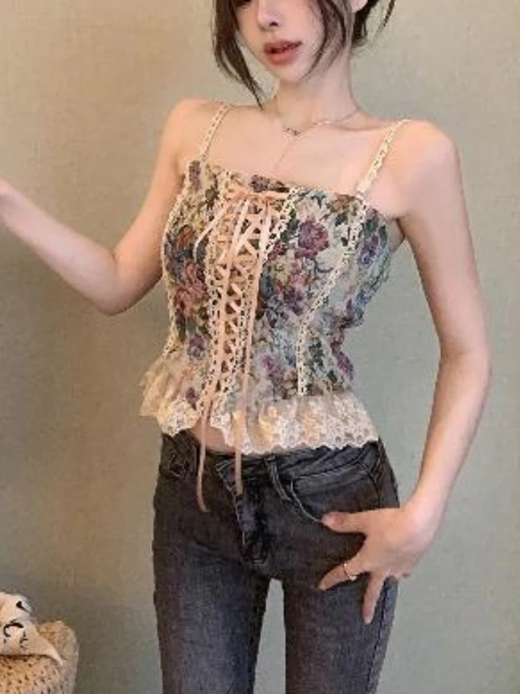 France Vintage Print Sleeveless Tops Women Lace Elegant Party Princess Strap Top Female Korean Style Sweet Clothing Summer 2023