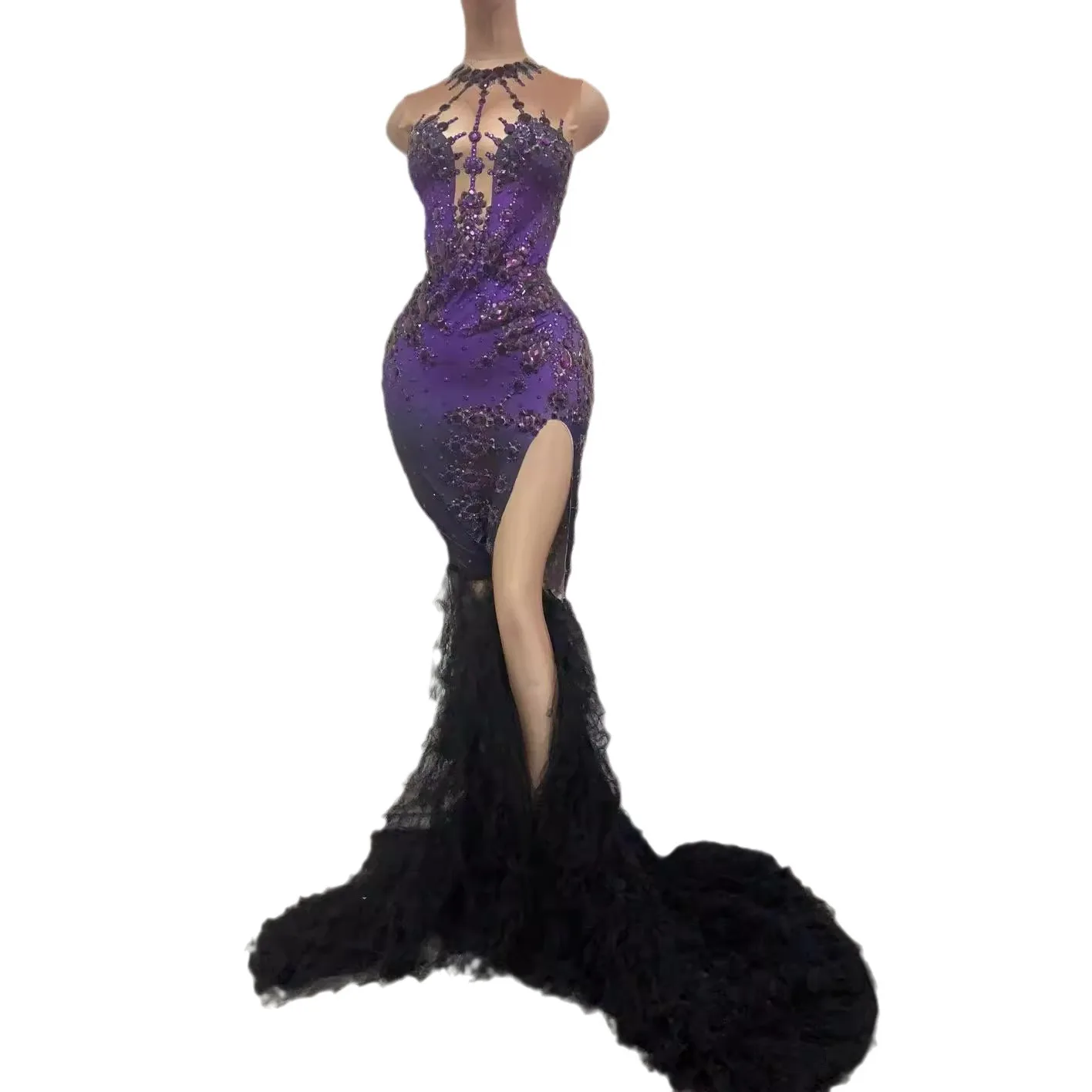 다이아몬드 생일 의류 기질 보라색 매력 크리스탈 섹시한 스플릿 Tulle Fringe Trailing Dress Biography Ballkleid Luxuskleid