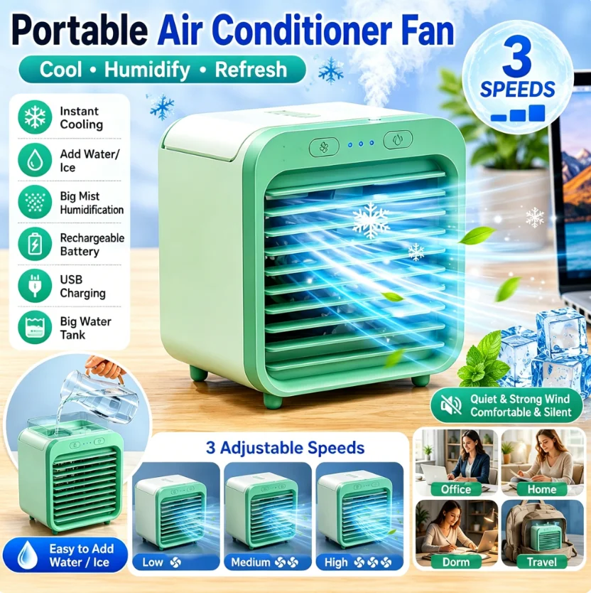 Tragbarer Klimaanlagen-Ventilator, USB-Tischventilator, wiederaufladbarer Mini-Luftbefeuchter, Kühler, Tisch-Kühlnebelventilator für Büro und Zuhause