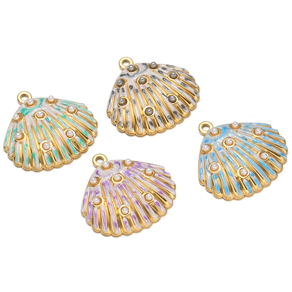 

4pcs Enamel Shell Pearls Charms Stainless Steel Necklaces Pendants for Women Earrings Accessories DIY Exquisite Jewelry Making