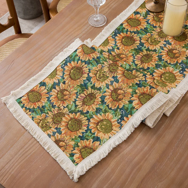 

Hotel Home Tassel Table Flag American Retro Sunflower Table Runner Long Decorative Cloth Bucket Cabinet Cover Tea Table Towel
