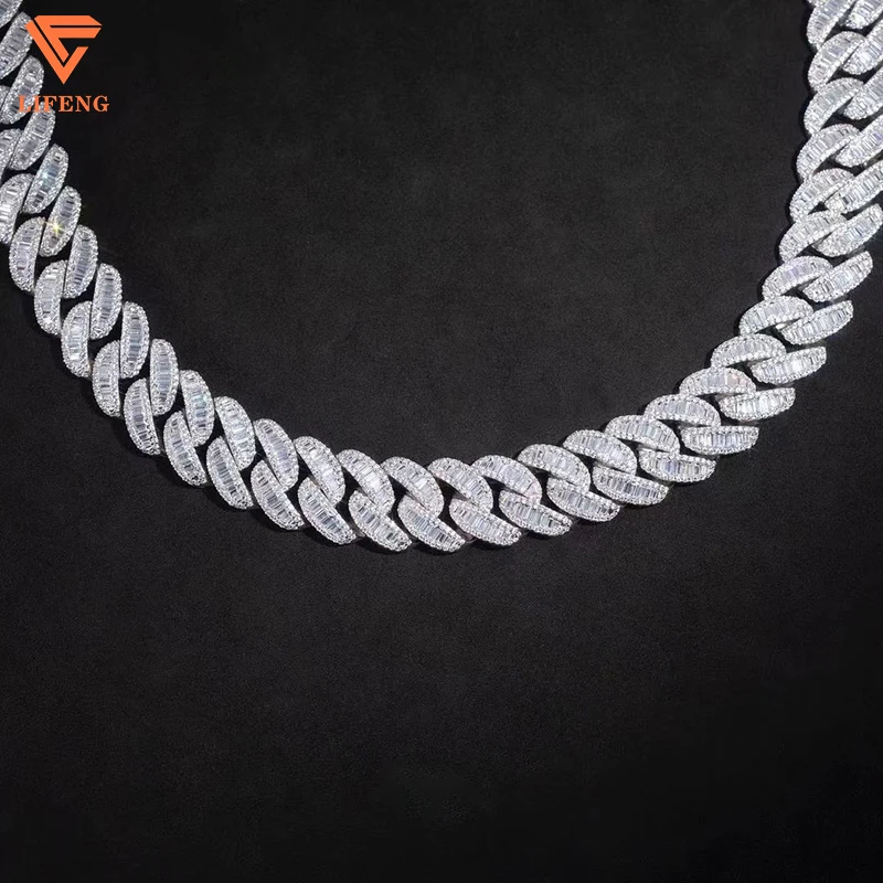 New Arrival Fashion Jewelry White Gold Plated S925 Iced Out 20mm VVS Moissanite Baguette Diamonds Hip Hop Cuban Chain Necklace