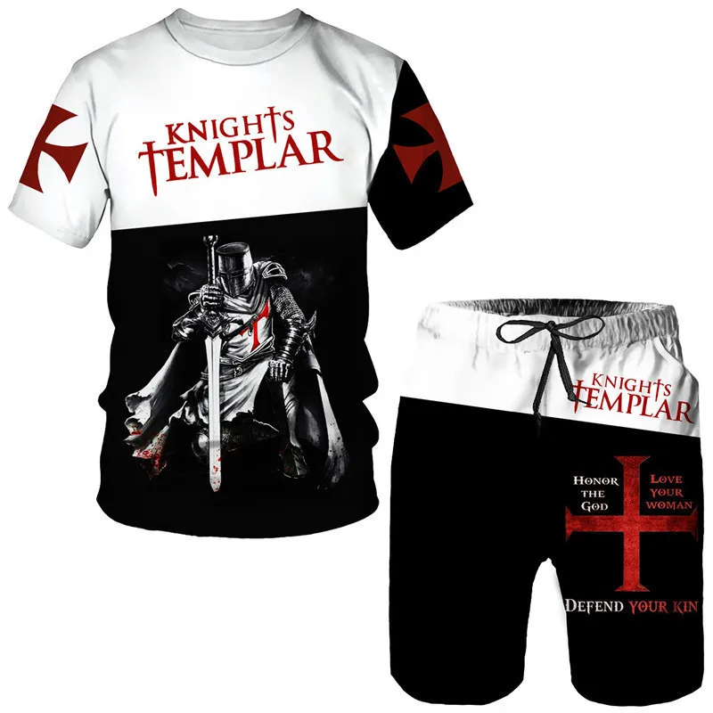 Neue Ritter Templer 3D-Druck Herren T-Shirt-Sets coole Streetwear Retro lässige T-Shirt Shorts zweiteilige Set übergroße Mann Kleidung