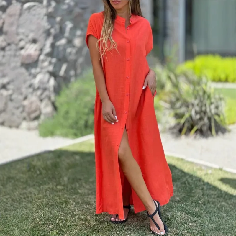 Damskie nowe koszule z lnu i bawełny, sukienki maxi, modne, codzienne kardigany, bluzki, sukienki z krótkim rękawem zapinane na guziki, szaty, odzież do pracy dla kobiet.