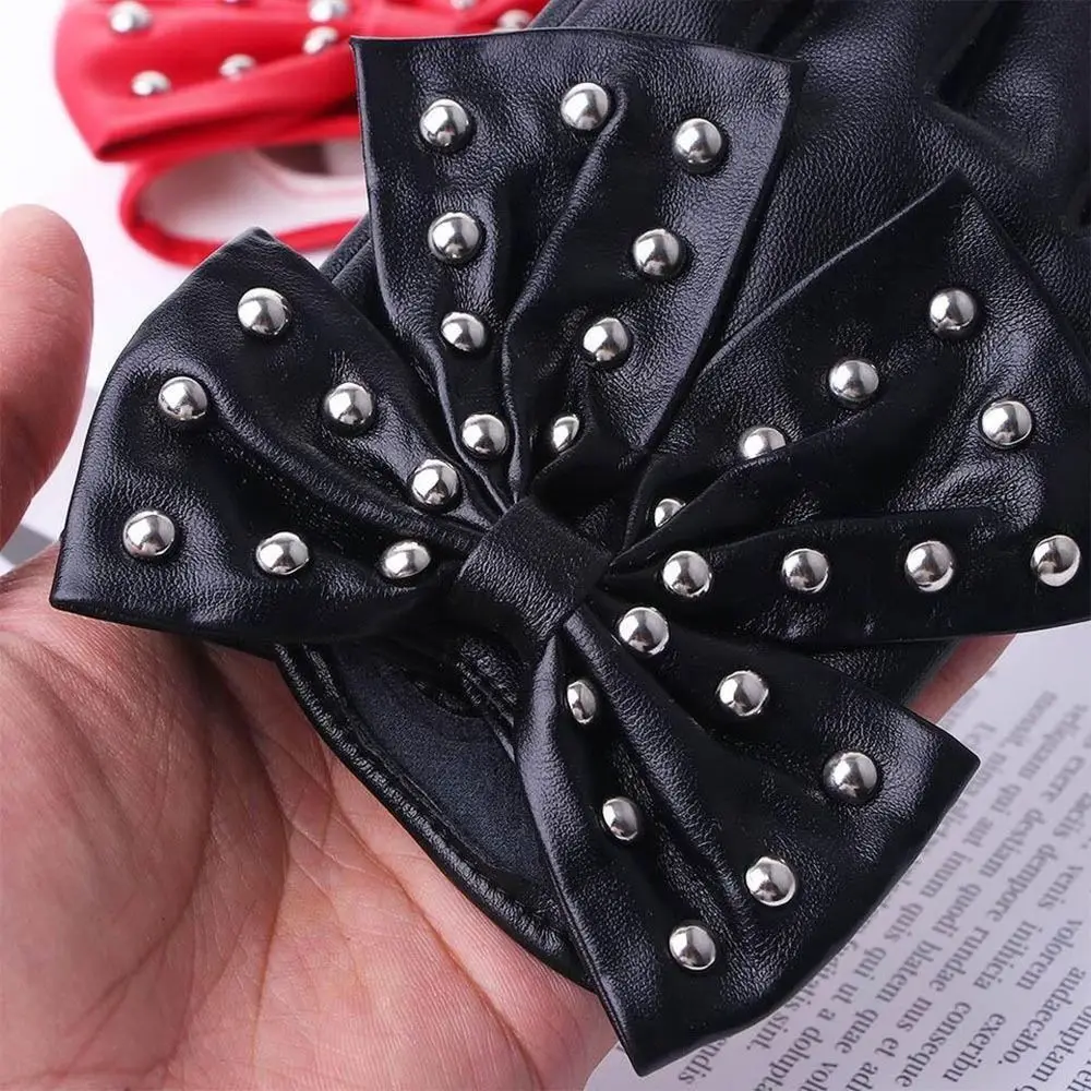 Big Bow Dancing Gloves New Street Dance PU Material Women Gloves Korean Anime Imitation Leather Rivet Half Finger Gloves