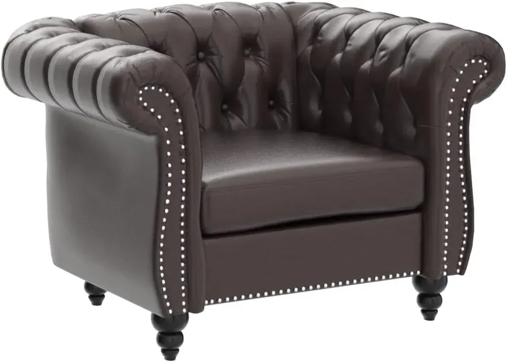 Silla Chesterfield de cuero, sofá individual moderno de mediados de siglo, sillón enrollado para el hogar, dormitorio, sala de lectura (marrón oscuro)