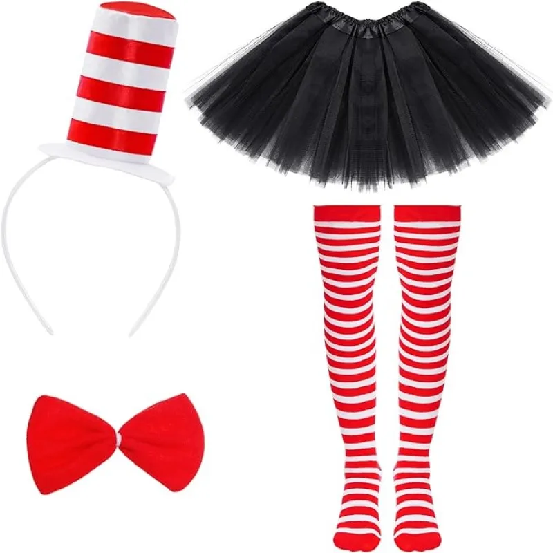 4 Pieces Dr. Seuss Cat Costume Red & White Striped Hat headband Tutu Skirts Bow tie Striped Tight for Read Across America Week