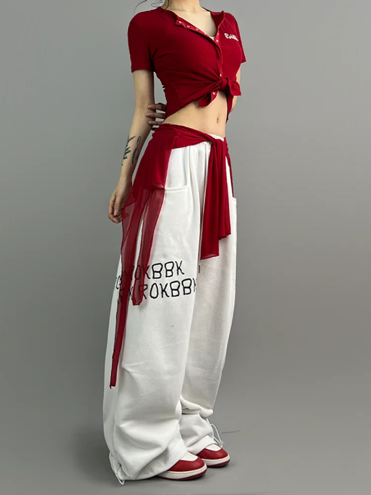 กางเกงขายาวสไตล์ฮิปฮอป ROKBBK-K สำหรับผู้หญิง เหมาะสำหรับเต้นและสวมใส่สบายๆ ผ้าคอตตอนผสม ทรงหลวม ขาตรง