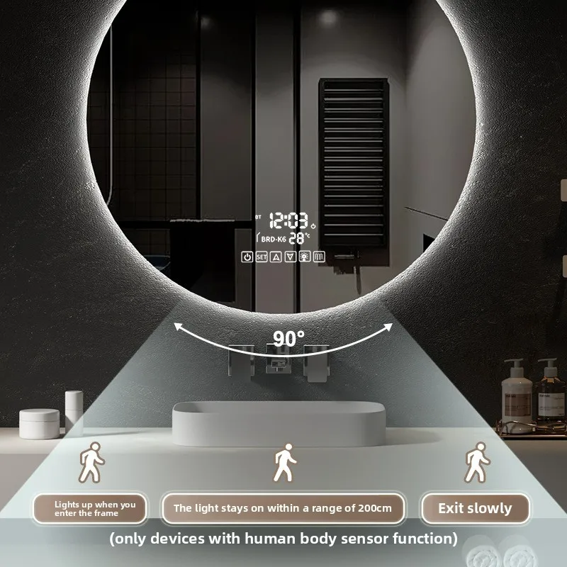 Round smart backlit glass bathroom mirror with anti-fog function and touch control for hotel and home use