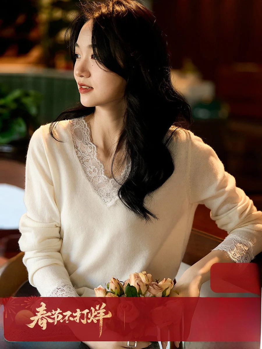 

Шерстяной свитер Xhange с V-образным вырезом, длинными рукавами и кружевной отделкой, мягкий, теплый, для повседневной носки, однотонный, прямого кроя