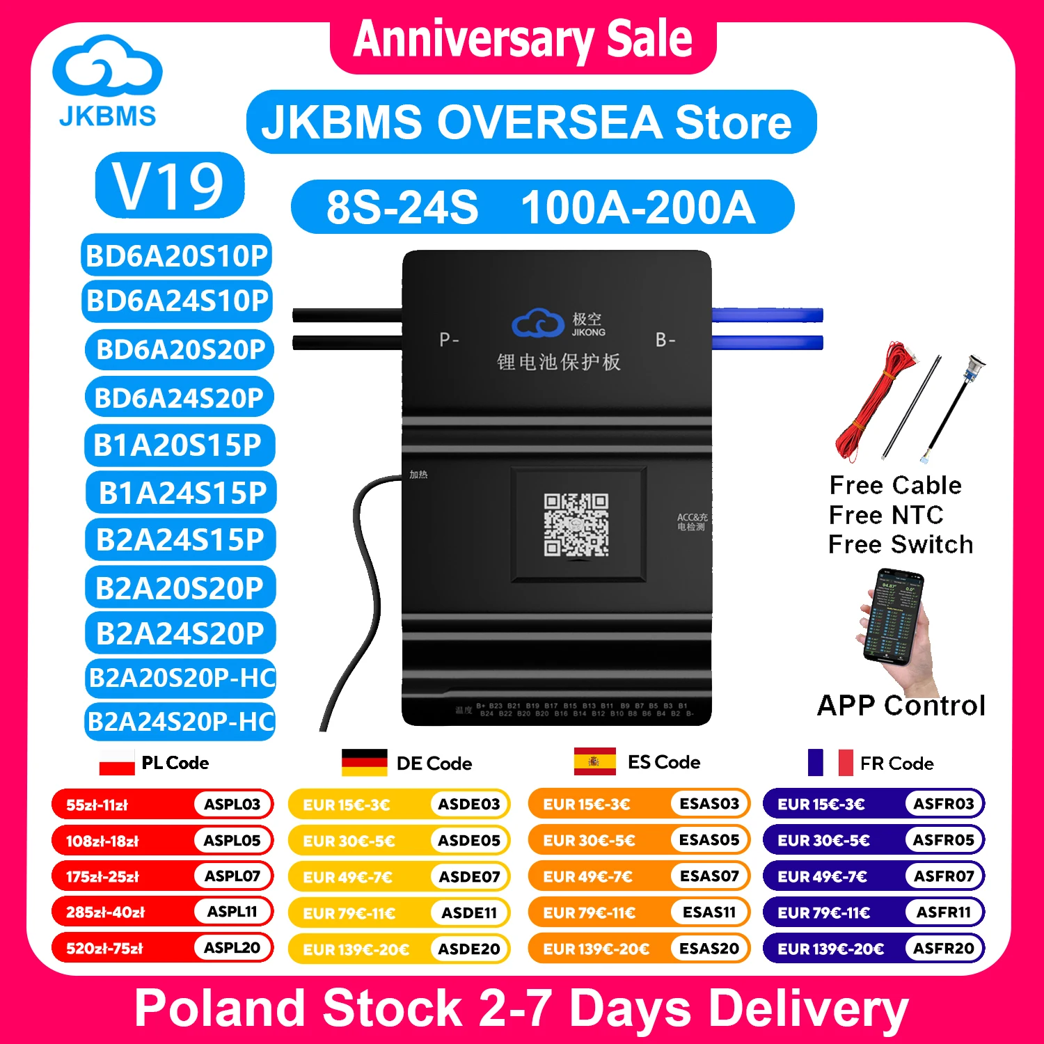 JKBMS V19 Version Smart BMS 8S-24S BT RS485 Heat CAN 0.6A~2A 20V-100V 100A~200A Active Balancer for LiFePo4 Li-ion Lto Battery