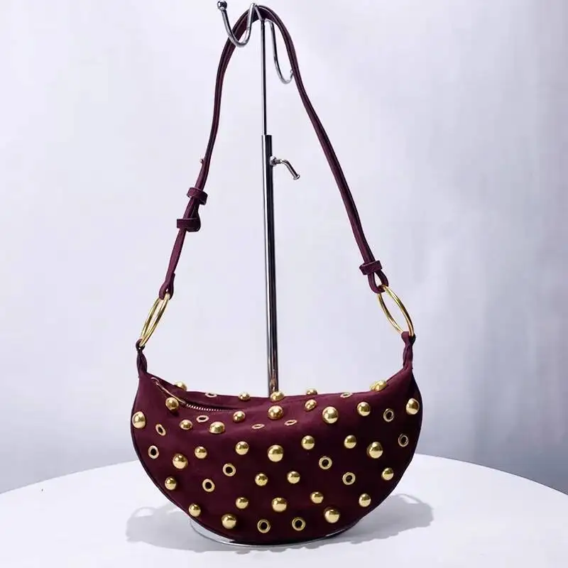 Designer Studded Crescent 2025 New Women's Metal Underarm High-End Retro Rivet Polka Dot Shoulder Bag