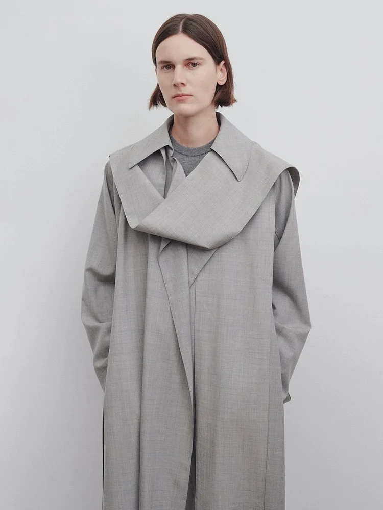 B-TOTO Trench Coat Spring and Autumn New Large Lapel in the Long Section Loose Thin Simple Female Irregular Collar